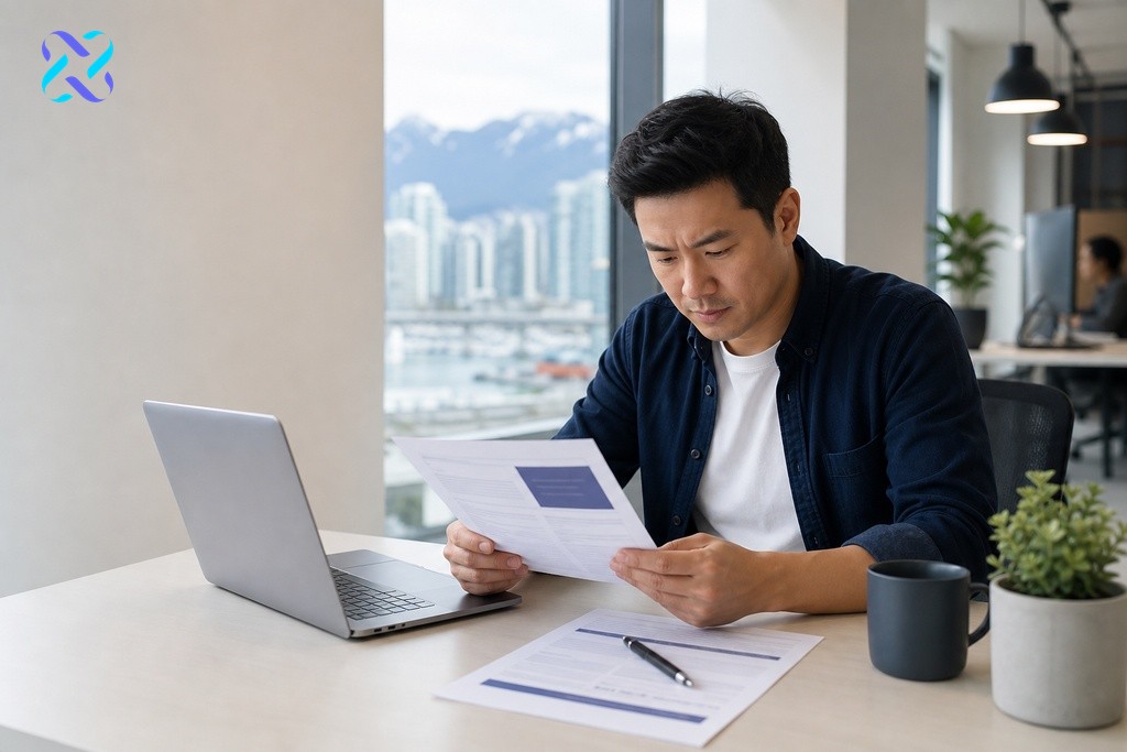 Small business owner carefully reviewing SEO service proposal documents at a modern desk, evaluating deliverables