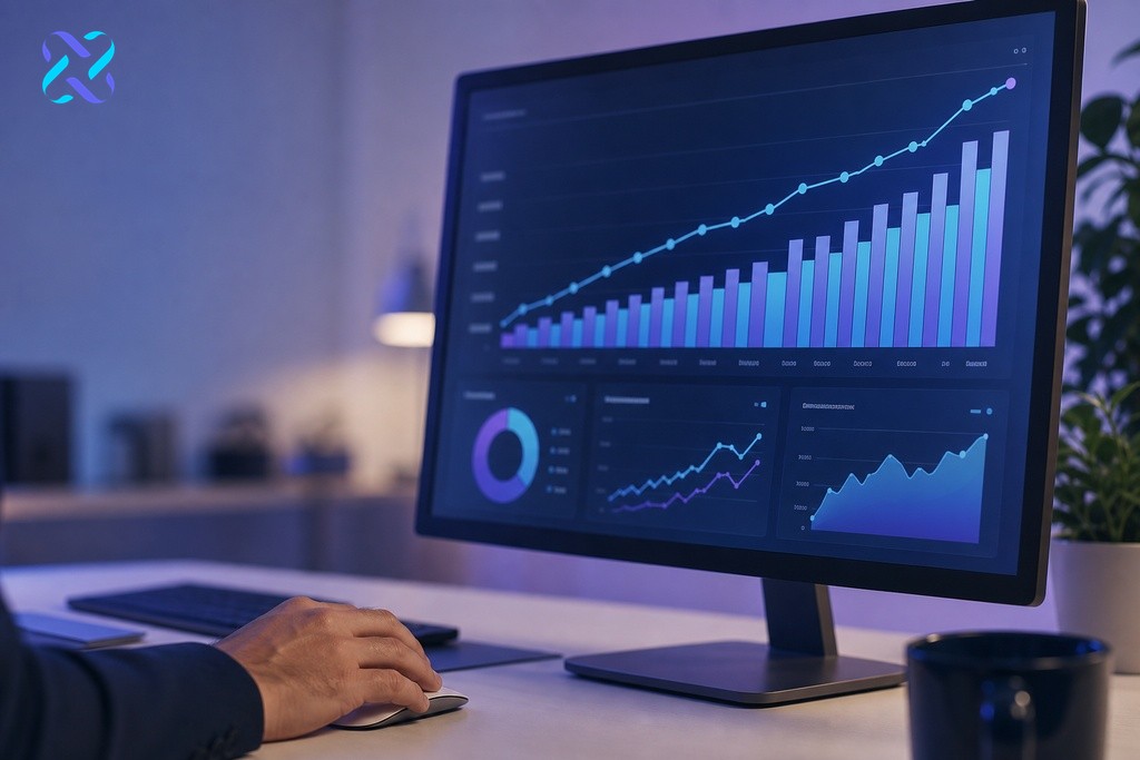 Marketer reviewing abstract upward-trending organic traffic growth chart on monitor in modern tech office