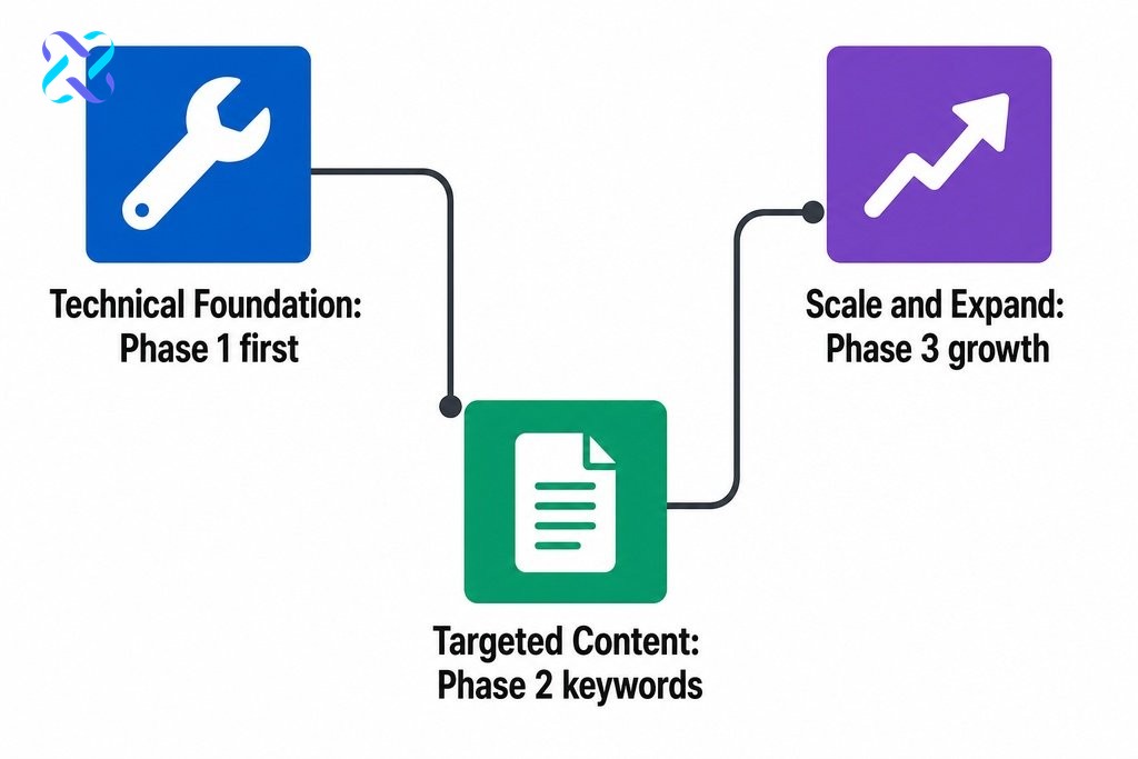 Three-phase affordable SEO strategy: technical foundation, targeted content, then scaling for long-term organic growth.