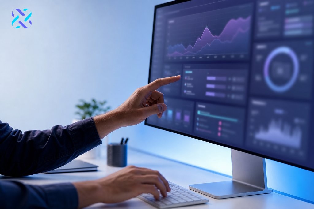 Hands reviewing blurred SEO analytics dashboard on monitor during a content audit process