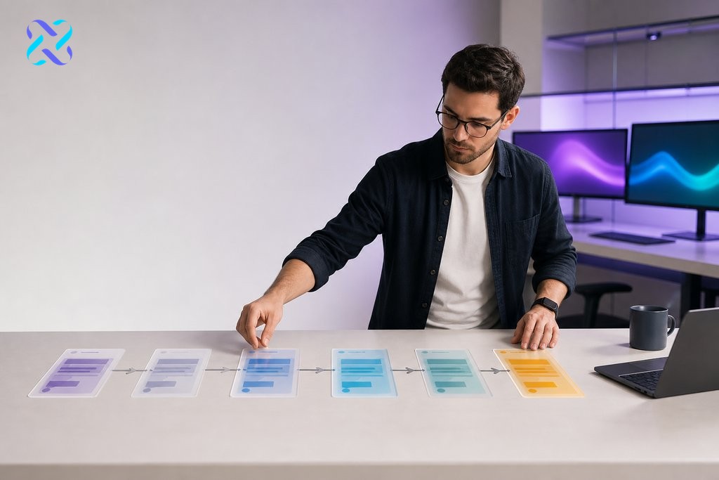 Professional arranging a sequential content optimization workflow on a clean modern desk surface