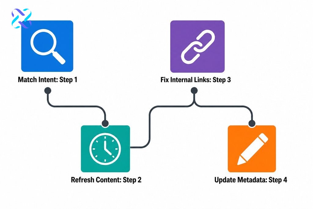 Four-step content optimization workflow: match search intent, refresh content, fix internal linking, update metadata for bett