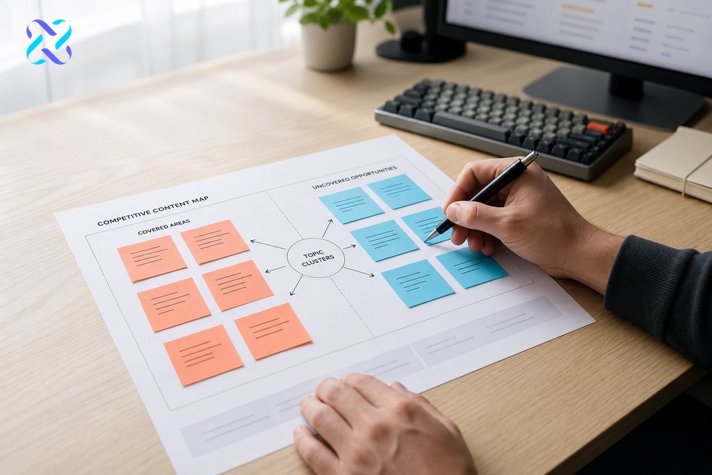 Marketing professional annotating a competitor content gap map with colour-coded sticky notes on a clean desk