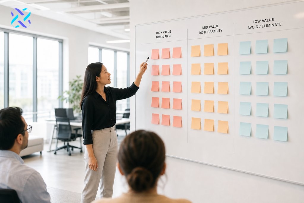Content strategist organising prioritised topic clusters on a whiteboard grid using colour-coded sticky notes