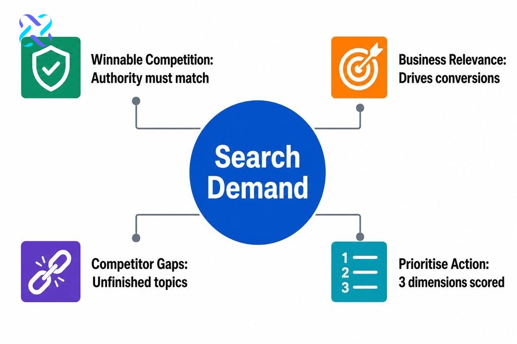 Infographic showing 5 core elements of content opportunity analysis: demand, competition, relevance, gap spotting, and priori