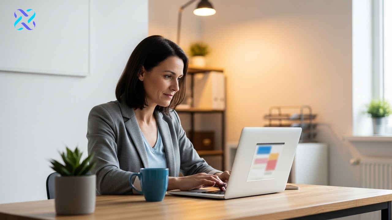 Small business owner carefully typing a negative review response on a laptop in a bright modern office