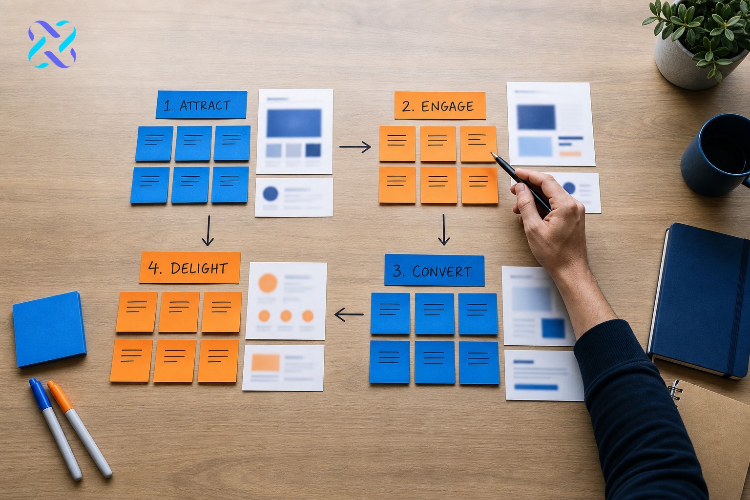 Overhead view of a structured content strategy planning layout with colour-coded zones on a desk