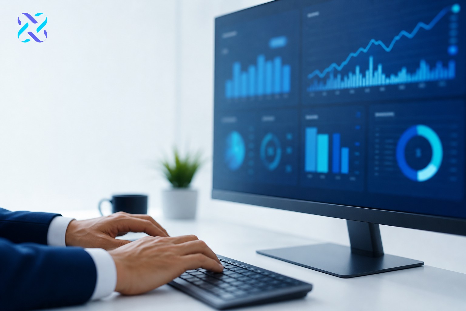 Professional reviewing blurred SEO performance analytics on a monitor in a clean modern office setup