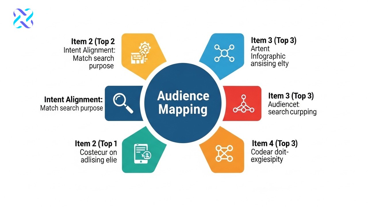 Infographic showing four core components of an SEO content strategy that drives sales: audience mapping, intent alignment, co