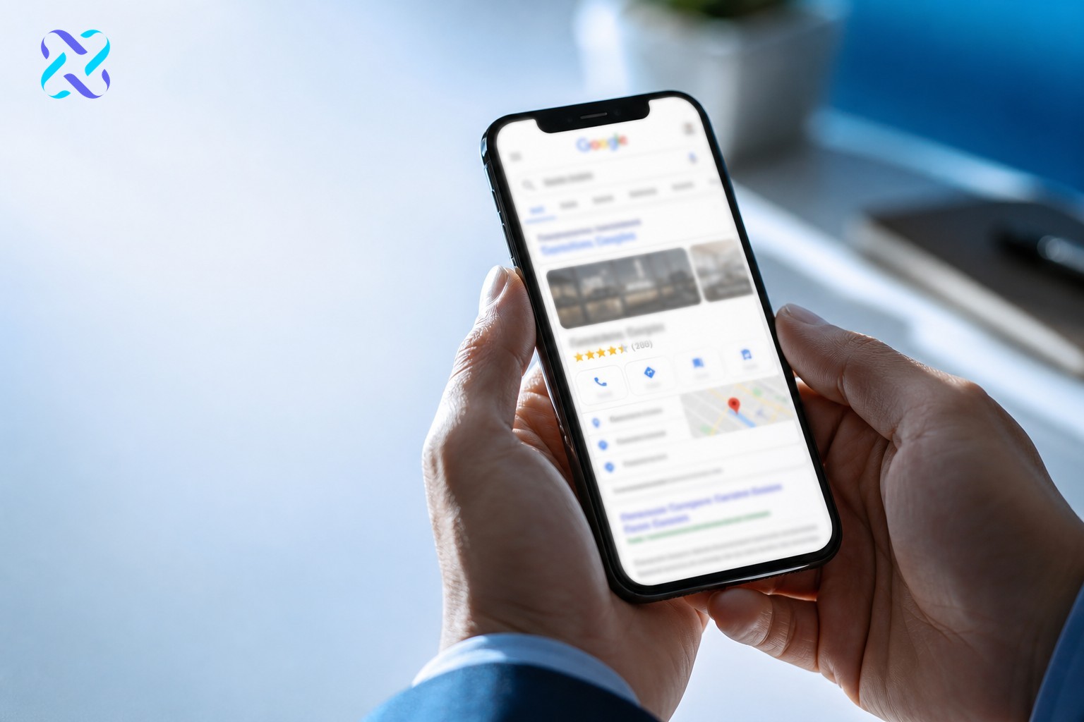 Business owner viewing local search trust signals and star ratings on a smartphone screen