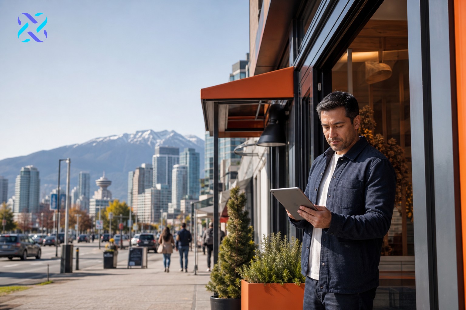 Vancouver business owner outside storefront managing local online reputation for SEO growth
