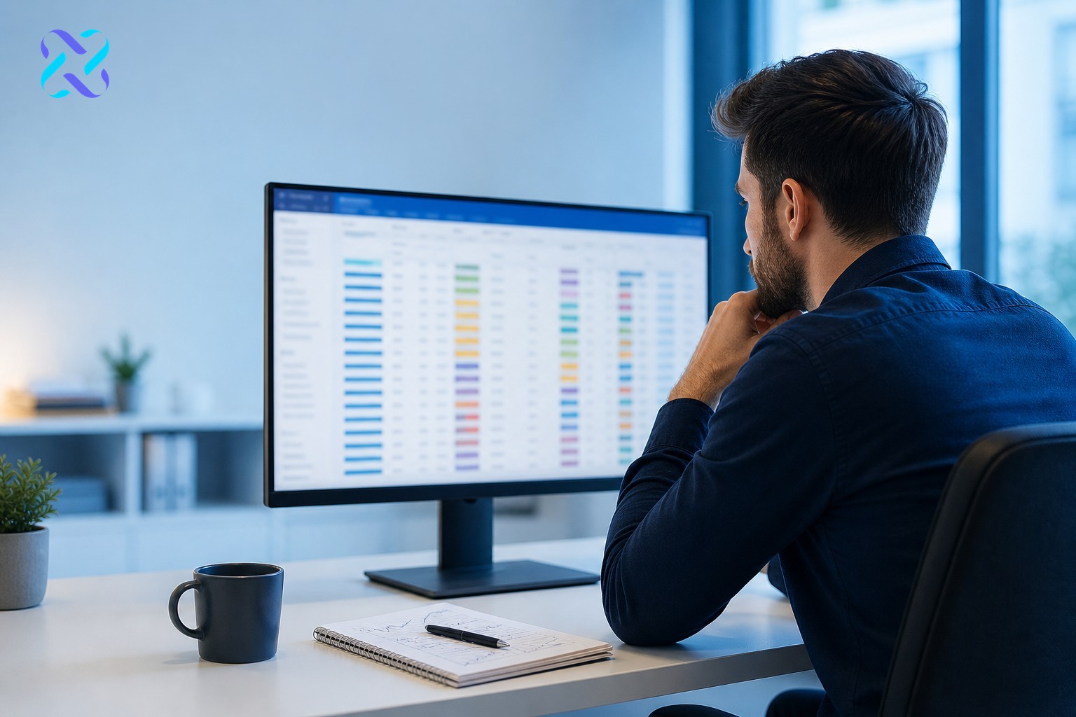 Marketer auditing website content gaps using blurred analytics data on a large desktop monitor