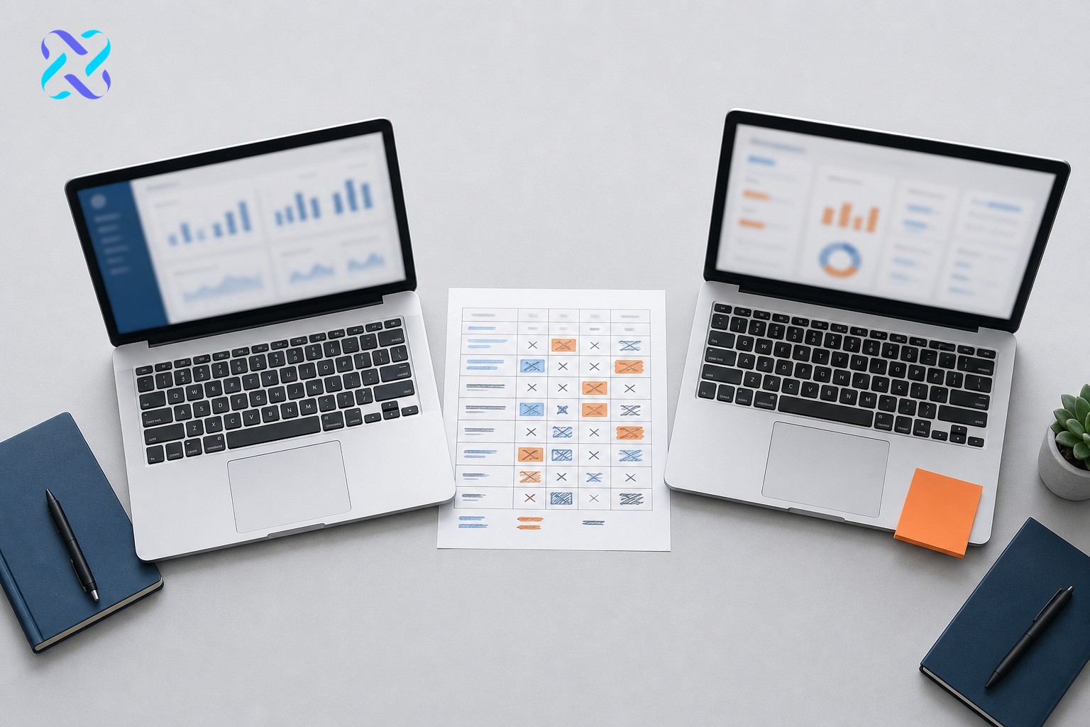 Two laptops side by side showing blurred competitor website data during an SEO content gap comparison