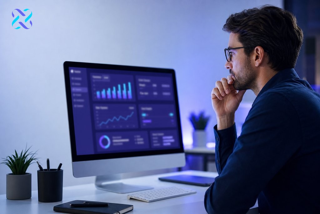 Marketing professional analysing content performance data on monitor to identify blog posts for SEO refresh