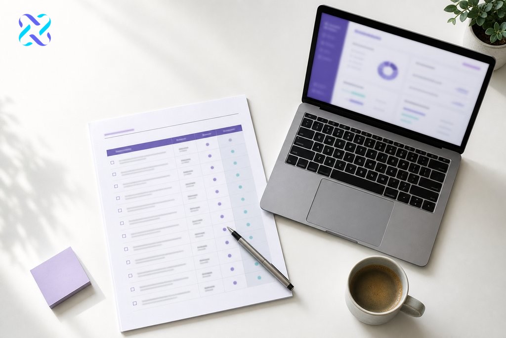 Flat-lay of SEO content update checklist document with pen and laptop on clean white desk
