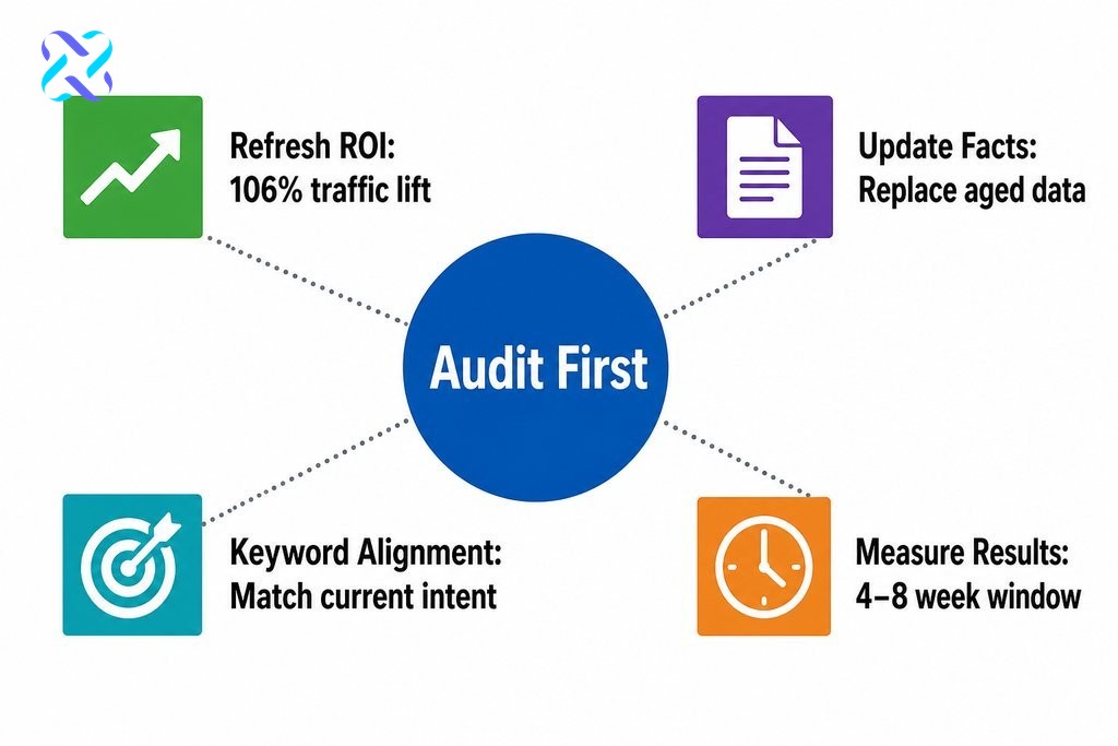 Key elements of a content refresh strategy: audit, prioritise, update facts, align keywords, link internally, and measure res