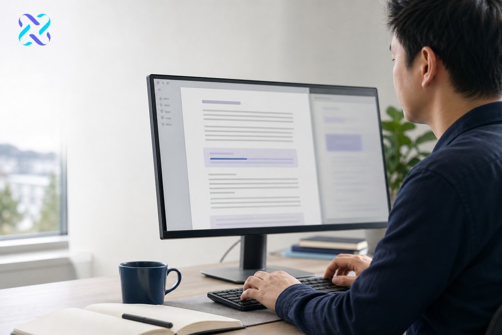 Person writing content at a side-angled monitor, embedding contextual internal links between related website pages