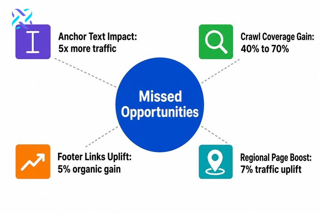 Infographic showing how internal linking strategy drives site architecture through link equity, anchor text, orphan pages, an