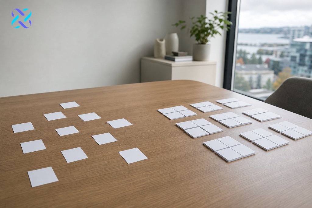 Two contrasting keyword grouping arrangements on a desk showing isolated single cards versus organised topic clusters