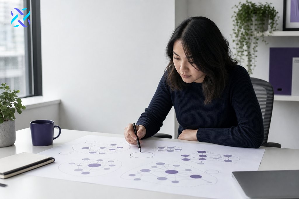 SEO strategist identifying content gaps on a printed cluster map with empty node areas marked on the sheet