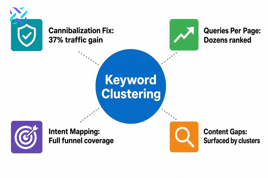 Keyword clustering benefits: prevents cannibalization, boosts traffic 37%, covers dozens of queries, and maps content to buye