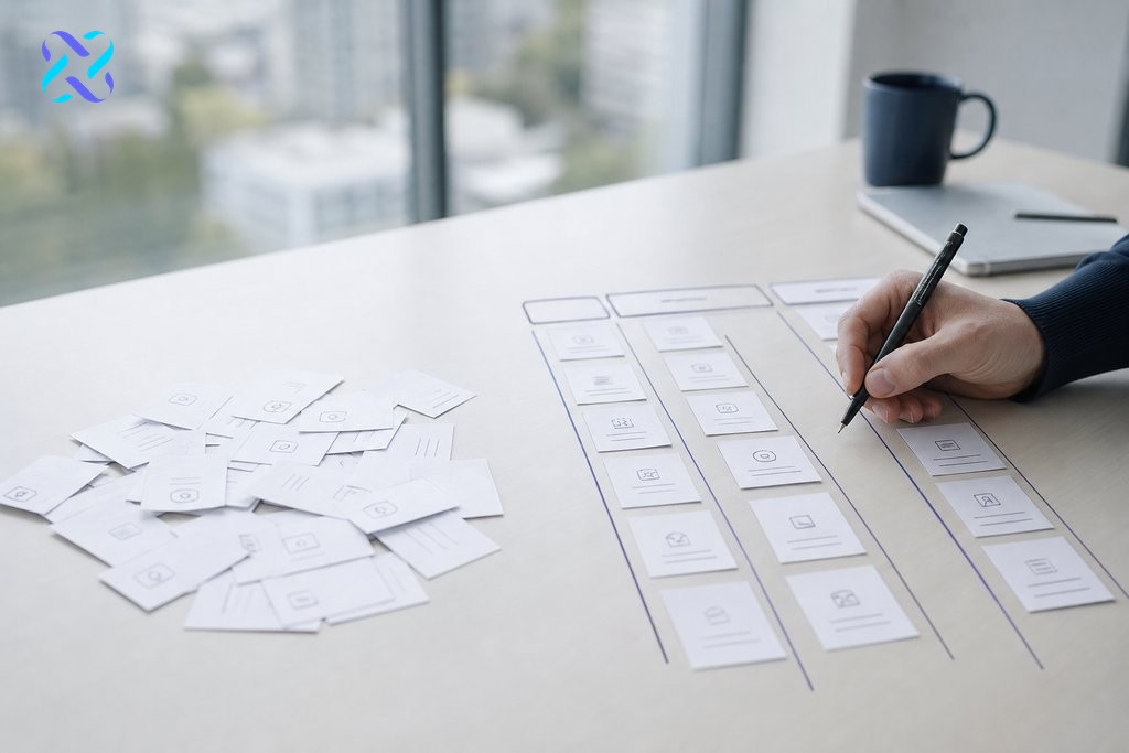 Unorganised keyword cards beside a structured keyword map layout on a desk, showing SEO content architecture planning