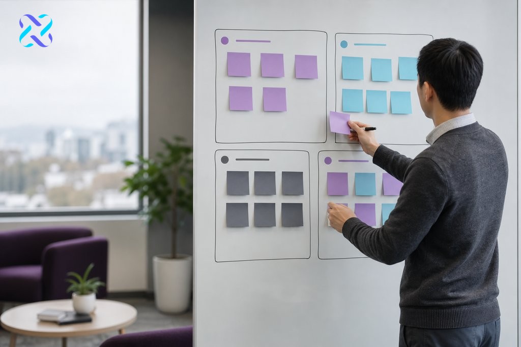 SEO professional sorting colour-coded intent categories on a whiteboard, mapping search intent types to page types