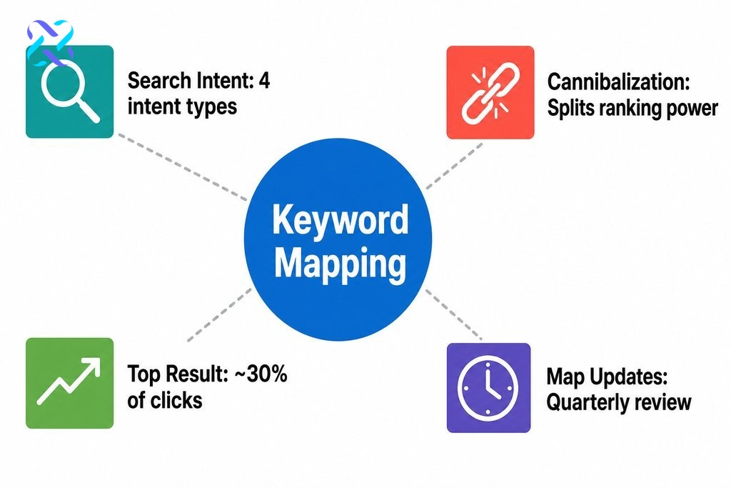 Keyword mapping improves SEO by assigning intent-matched keywords to pages, preventing cannibalization and building topical a