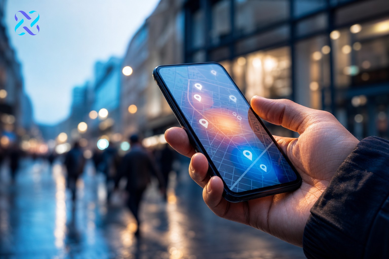 Person holding smartphone displaying abstract map pins on a busy street, illustrating local near me search intent