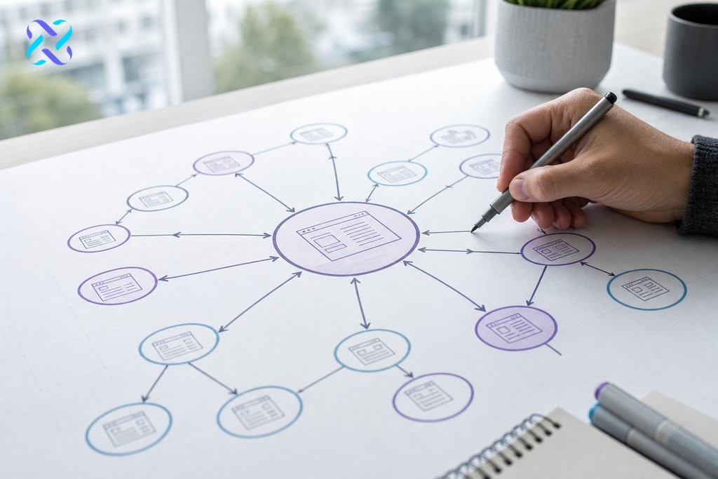 Hand tracing internal link architecture diagram showing hub-and-spoke content structure on a desk