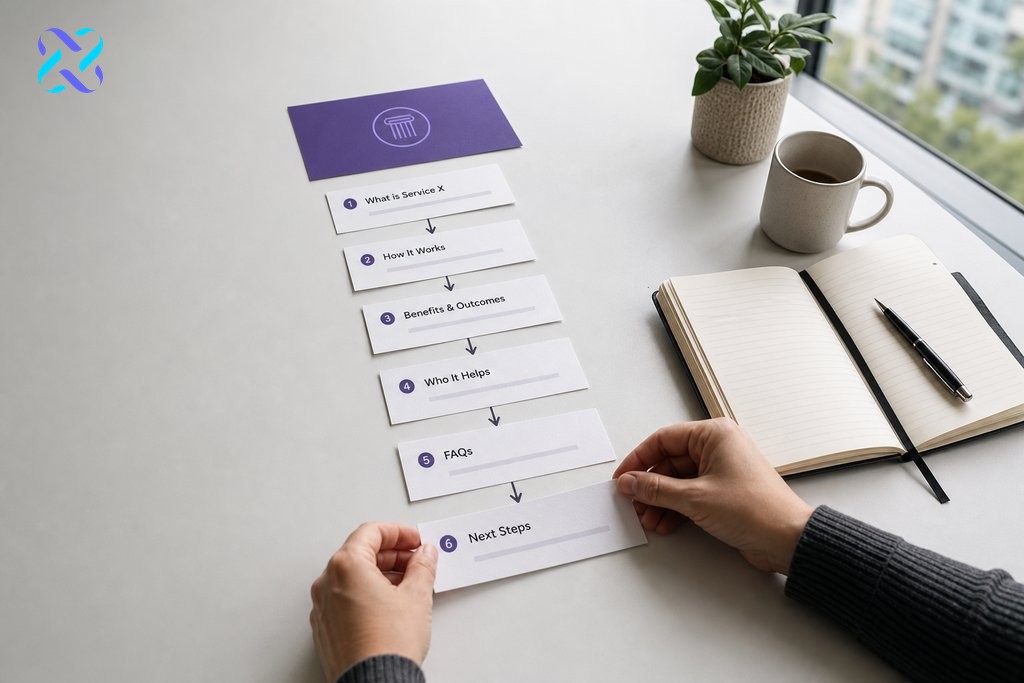 Content hub planning layout with prioritised cluster article cards arranged below a central pillar topic card