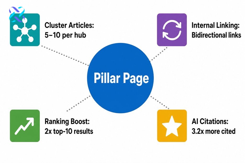 Pillar page strategy: a central hub page supported by cluster articles, internal linking, and AI citation benefits.