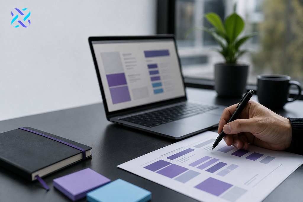 Analyst reviewing SERP layout signals on a desk with colour-coded keyword research notes