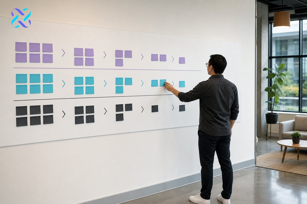 SEO strategist mapping keyword intent stages across a three-lane content funnel planning board