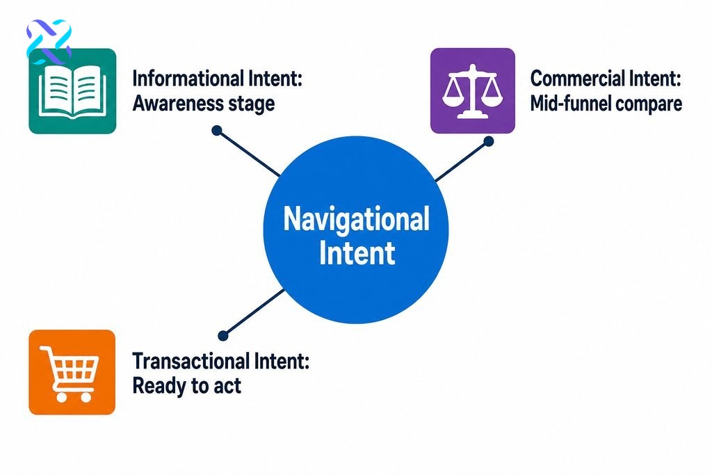 Infographic showing four search intent types — navigational, informational, commercial, transactional — and their role in key