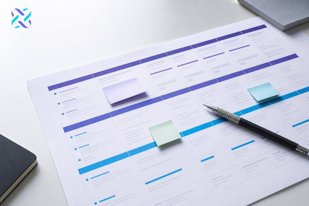 Structured SEO content brief template with organised sections on a clean desk, editorial overhead shot