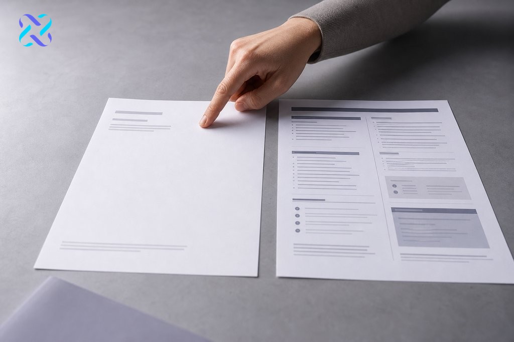 Comparison of a weak DIY content brief versus a structured SEO brief laid flat on a grey surface