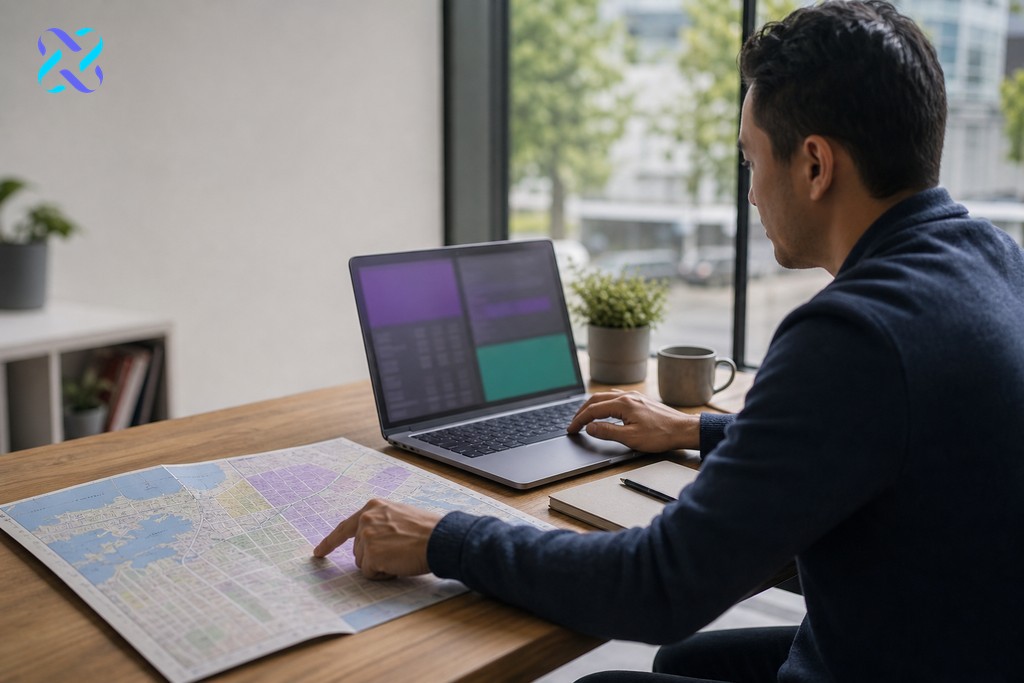 Small business owner planning local SEO strategy at desk with laptop and Vancouver neighbourhood map