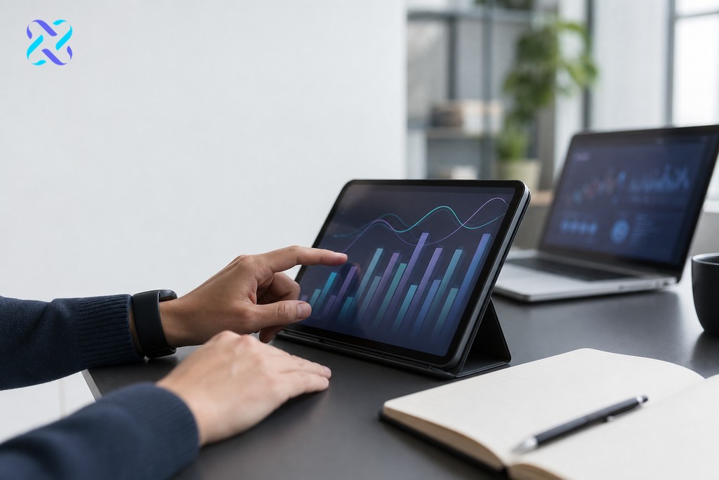 Marketer reviewing SEO performance metrics on tablet with abstract dashboard and notebook on desk
