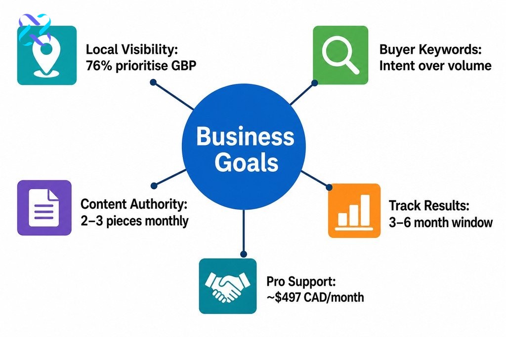 Key pillars of a small business SEO strategy: goals, local visibility, content, keywords, measurement, and professional suppo