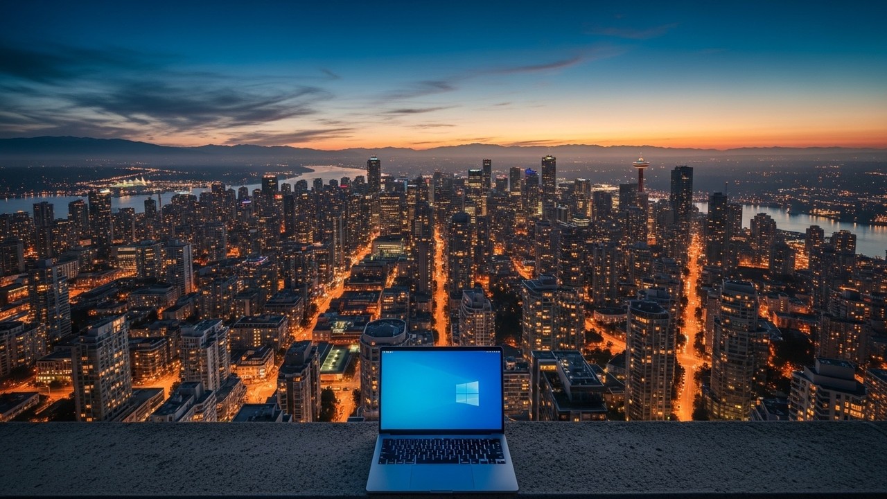 Laptop glowing on a rooftop overlooking Vancouver skyline at dusk representing local SEO optimisation