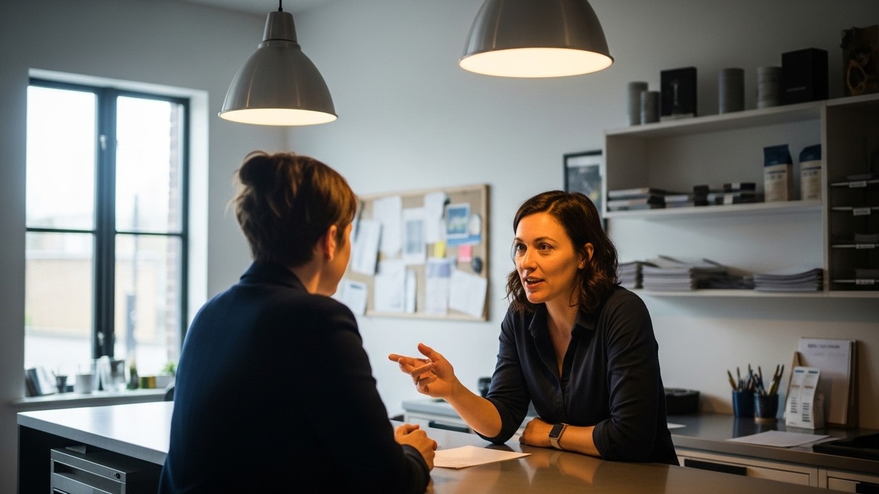 Small business owner confidently engaging a customer face-to-face, illustrating service copy that drives conversions