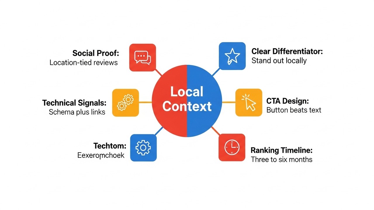 ITEM 1: Label: Local Context Value: Unique per area Icon: map pin ITEM 2: Label: Social Proof Value: Location-tied reviews Ic