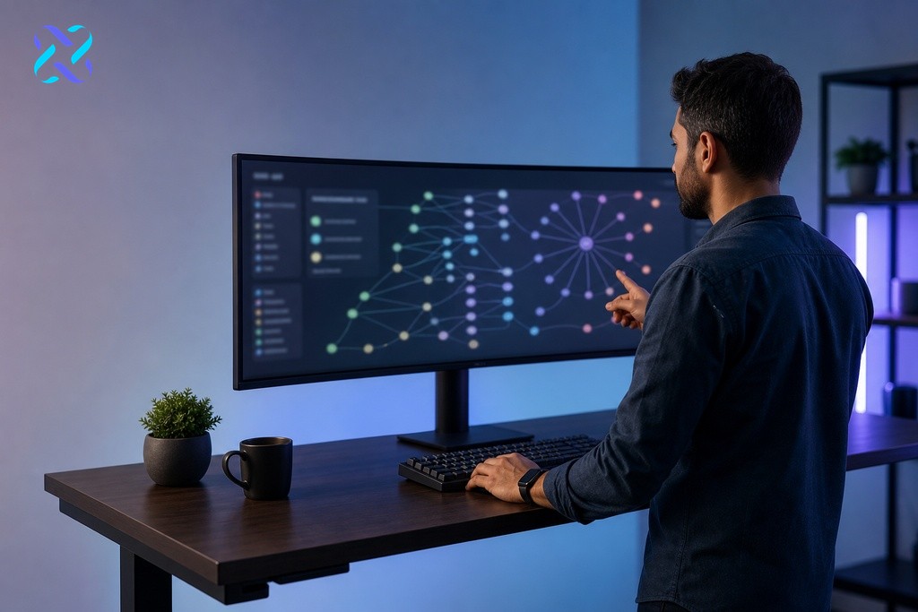 SEO technician analyzing site architecture system map on ultrawide monitor in a tech-forward workspace