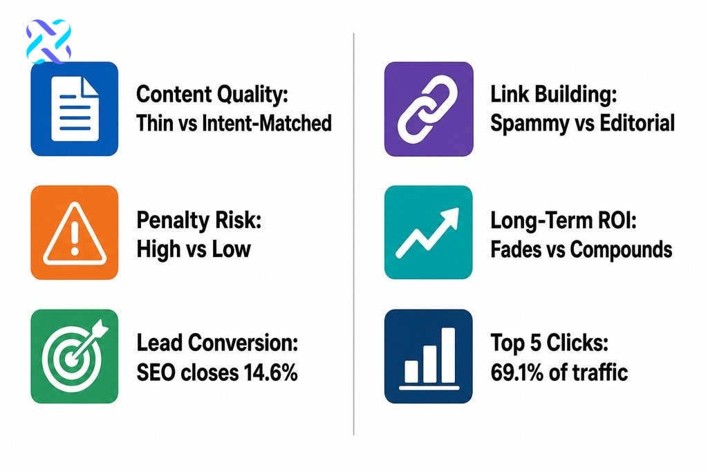 Infographic comparing cheap SEO vs professional SEO across content quality, link building, risk level, and long-term ROI.