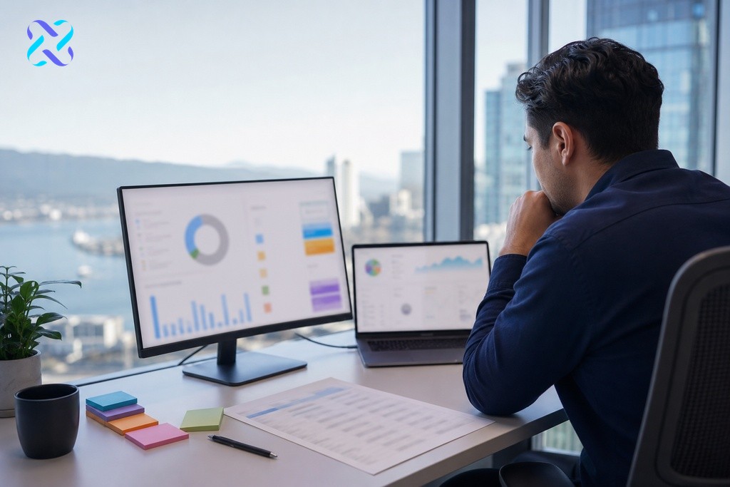 Marketing professional comparing analytics dashboards to research social media audience behaviour for platform selection