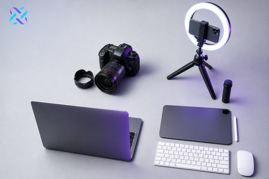 Overhead flat-lay of content creation tools representing different social media platform format requirements and production effort
