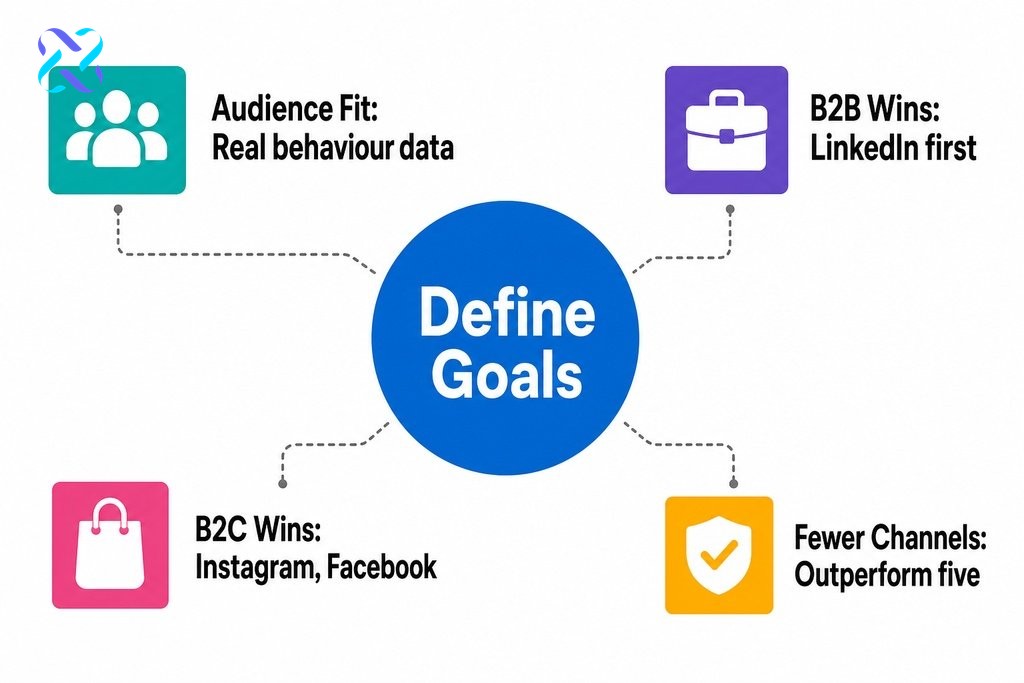 Key factors for choosing the right social media platforms for your business, centred on strategic goal alignment.