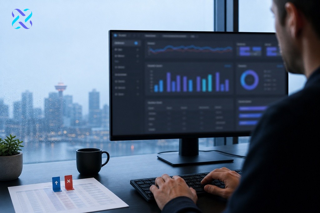 Performance marketer reviewing audience bid modifier and exclusion decisions on a blurred analytics dashboard