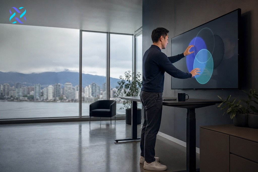 Marketer arranging overlapping audience segment layers on a large wall-mounted display in a modern office